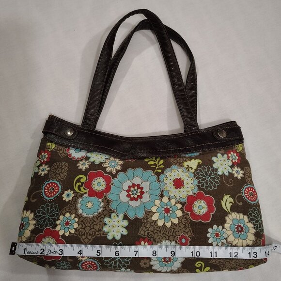 Thirty-One Shoulder Bag Brown Removable Floral Skirt Brown Trim Purse Sachel - Picture 11 of 16